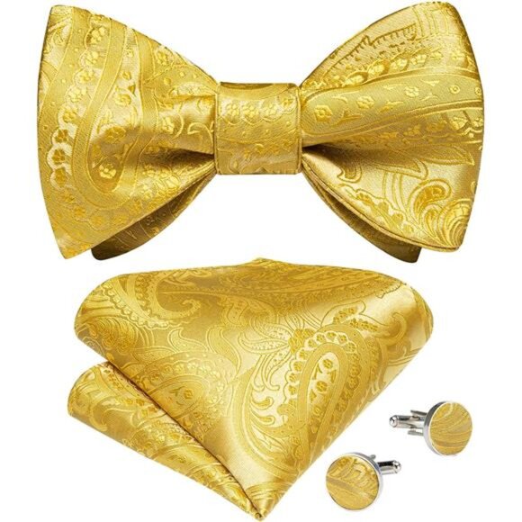 Men Bow Tie Paisley Striped 08 Yellow - Picture 1 of 6